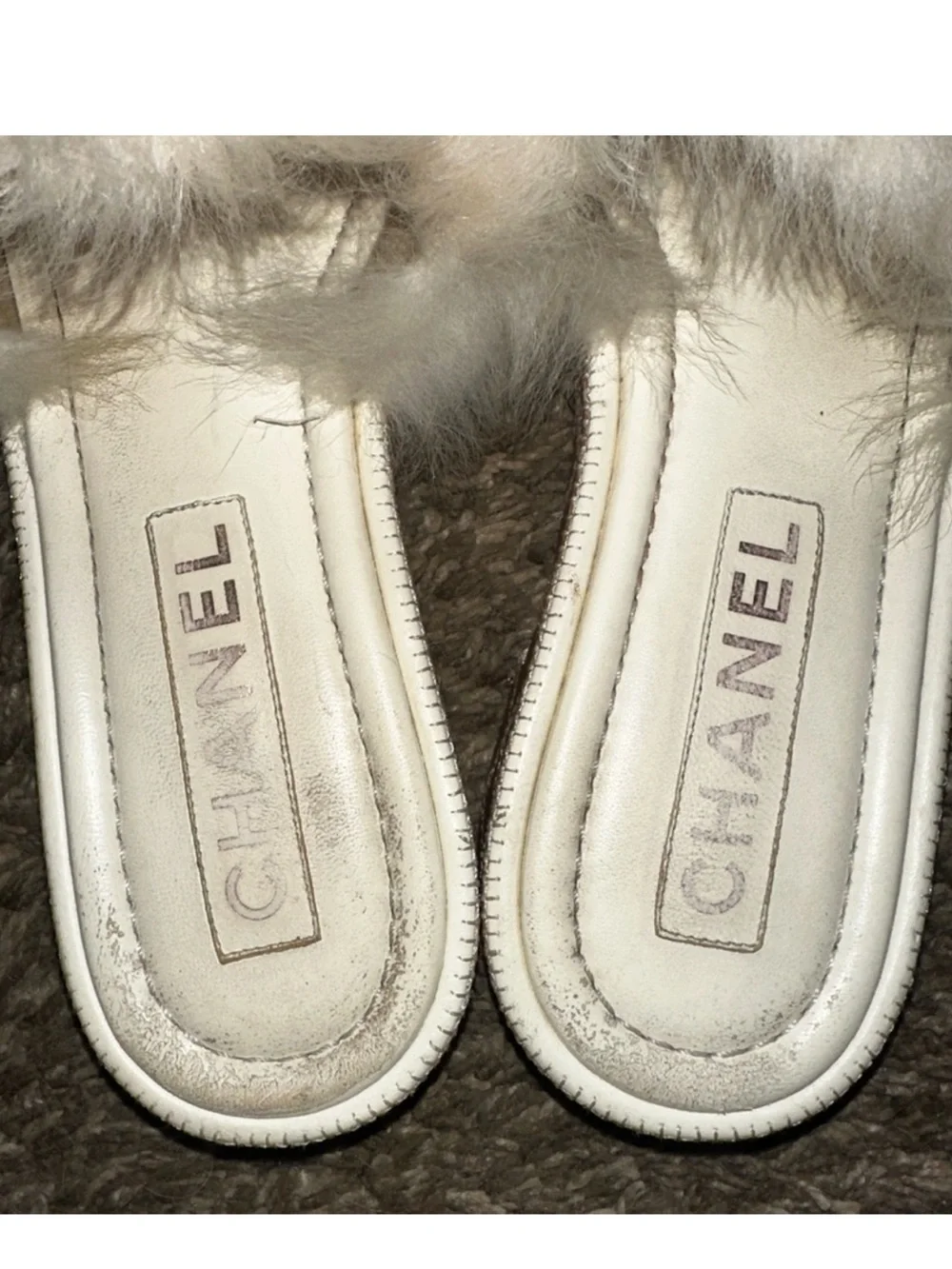 Chanel White Fur Slide Sandals Size 38.5
